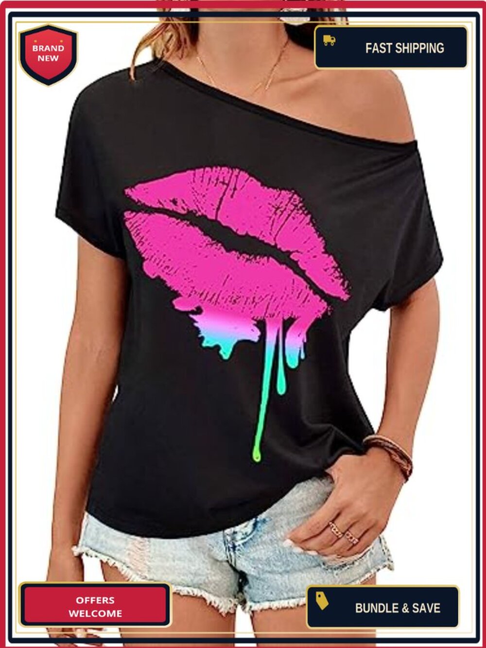 80s Off Shoulder T-Shirt Lip Print Novelty Party Tee